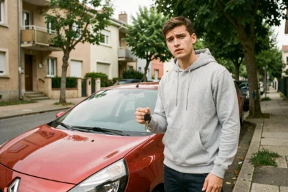 Jeune conducteur debout à côté d'une Renault Clio 3 rouge dans une rue résidentielle, tenant ses clés de voiture