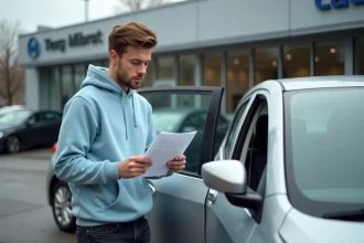 Jeune conducteur examinant un contrat de leasing automobile devant une concession, illustrant la location de voiture à 59 euros par mois sans apport
