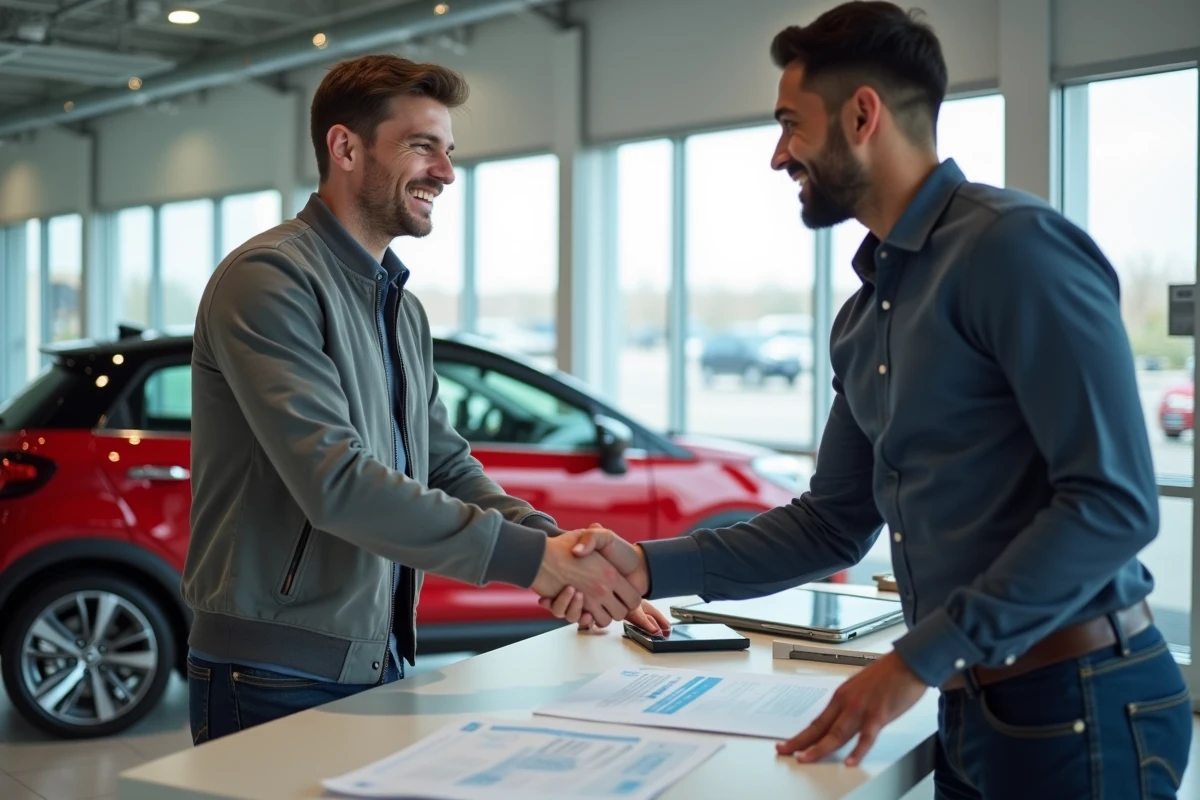 Jeune conducteur signant un contrat de leasing automobile à 59 euros par mois sans apport avec un vendeur dans une concession automobile