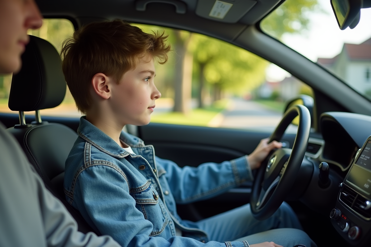 Jeune garçon de 17 ans dans une voiture compacte en conduite
