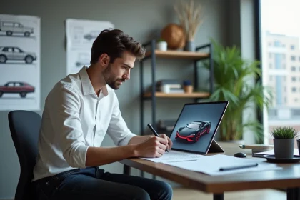 Jeune designer automobile esquissant un logo futuriste dans son studio