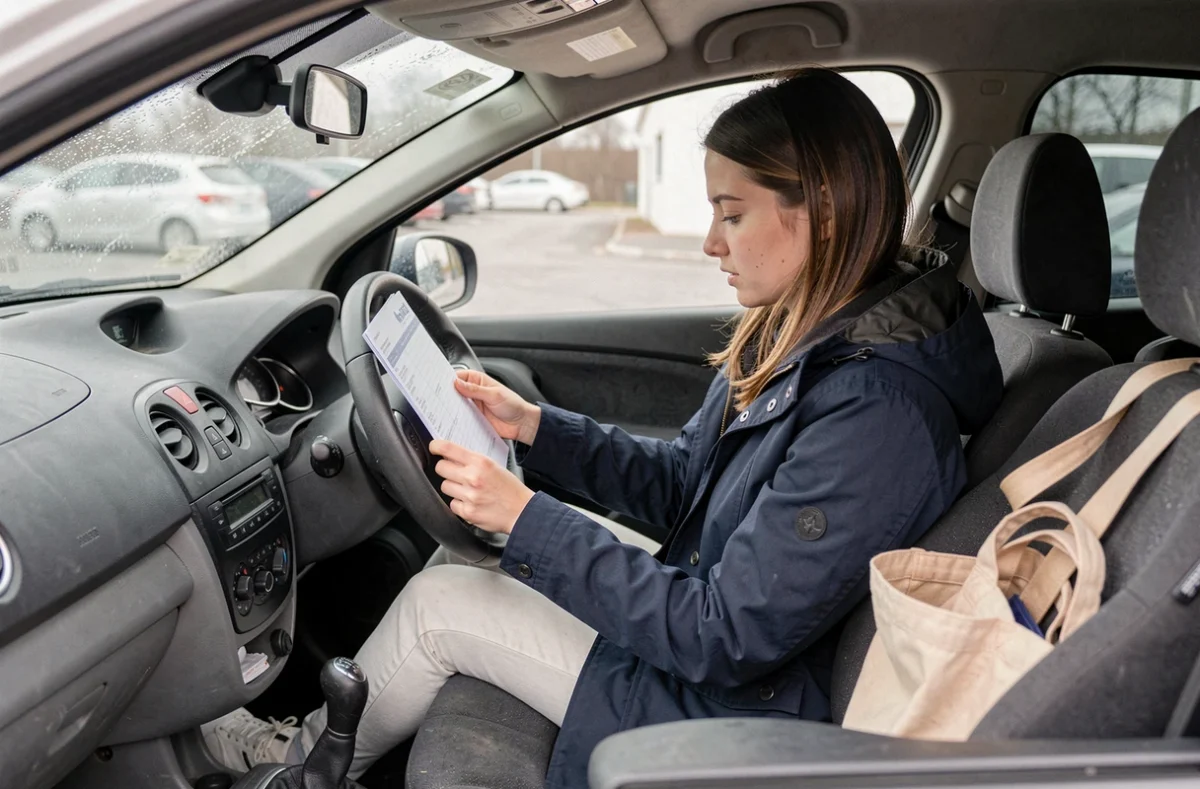 Jeune femme conductrice assise dans une Renault Clio 3 grise consultant des documents d'assurance auto