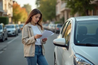 Jeune femme en extérieur étudie documents d'assurance voiture