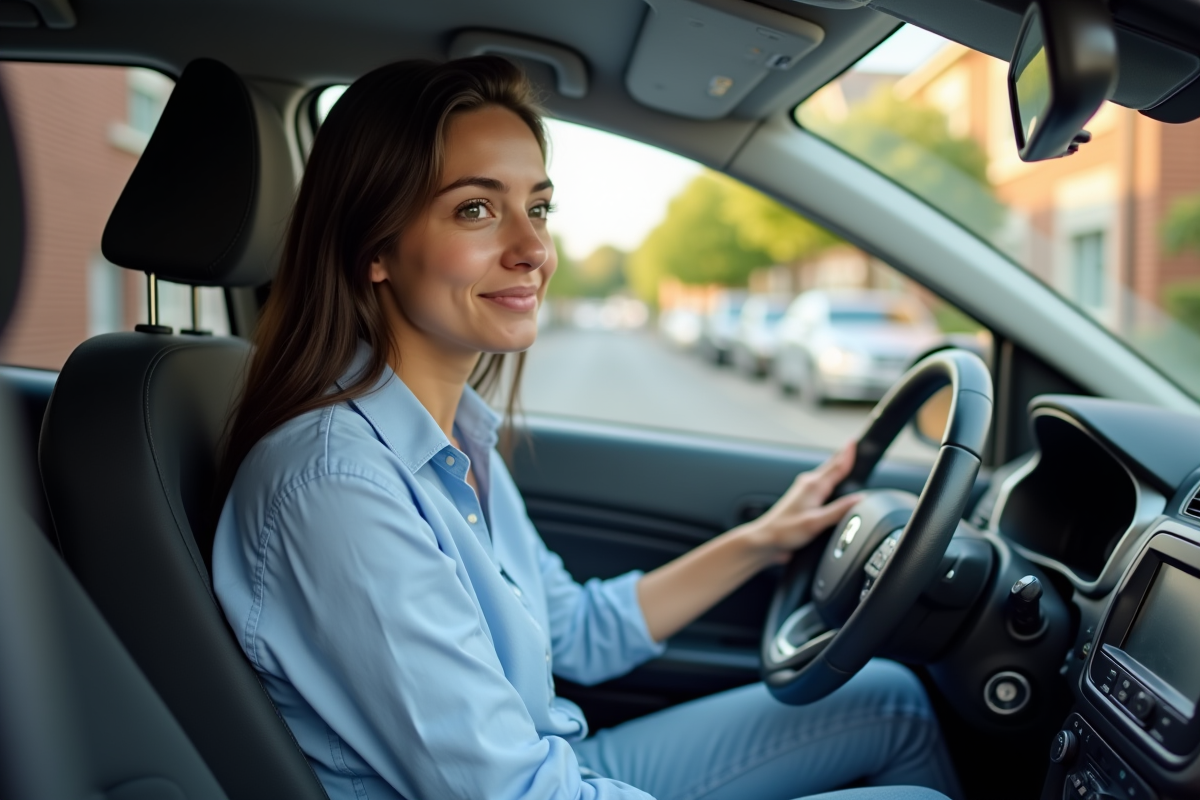 Jeune femme concentrée au volant d'une voiture d'ecole de conduite