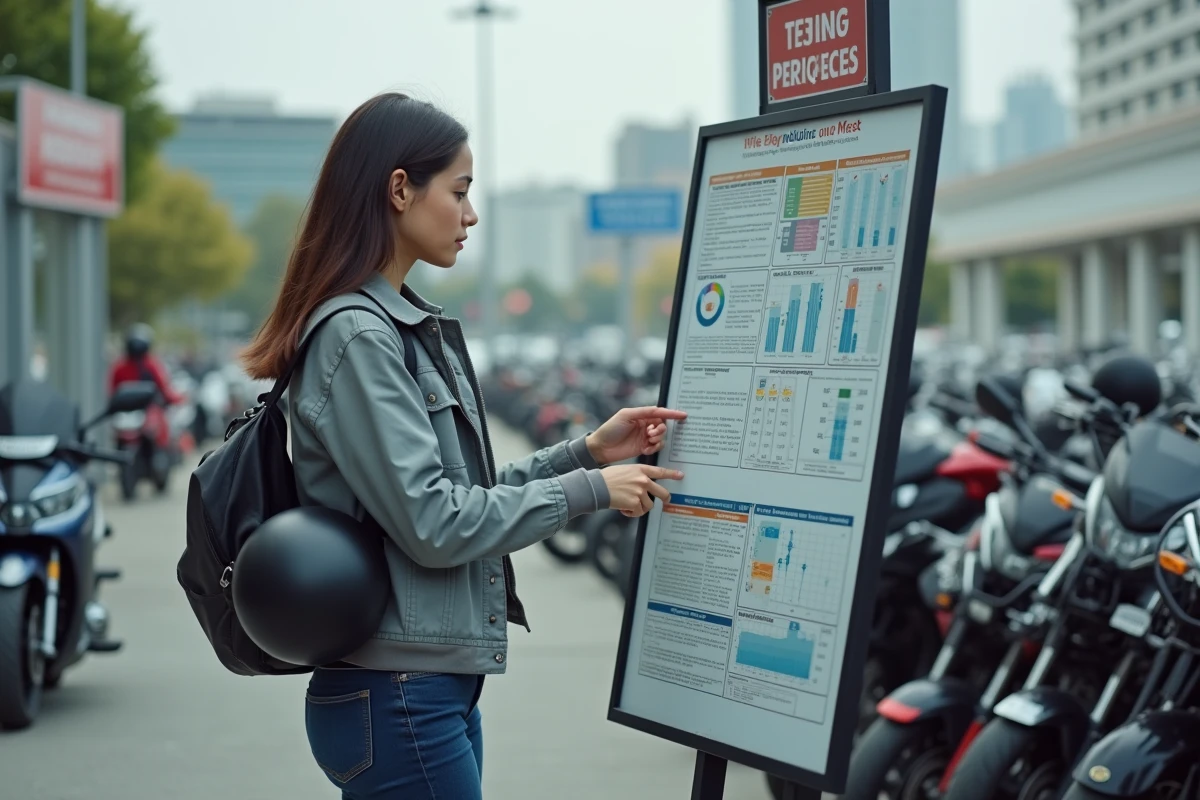 Jeune femme lisant un graphique de pollution devant des motos