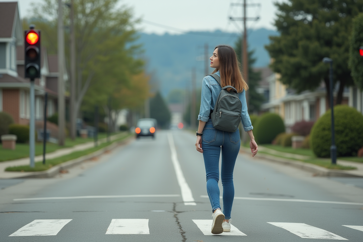Jeune femme traversant une rue de banlieue en voiture