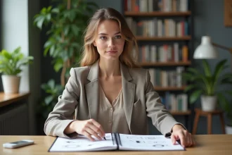 Jeune femme créative examinant un carnet de croquis logo