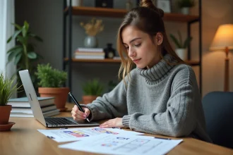 Jeune femme concentrée à étudier avec un ordinateur portable