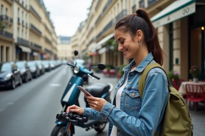Jeune femme souriante avec scooter électrique à Paris