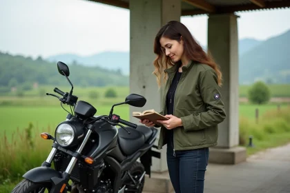 Jeune femme en moto olive verte près d'une station rurale