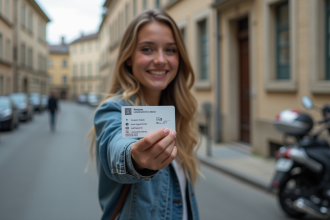 Jeune femme avec permis A1 moto devant mairie