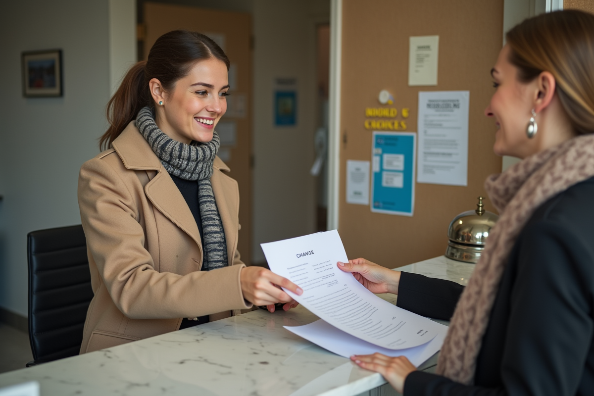 Jeune femme remettant un document à la réception d