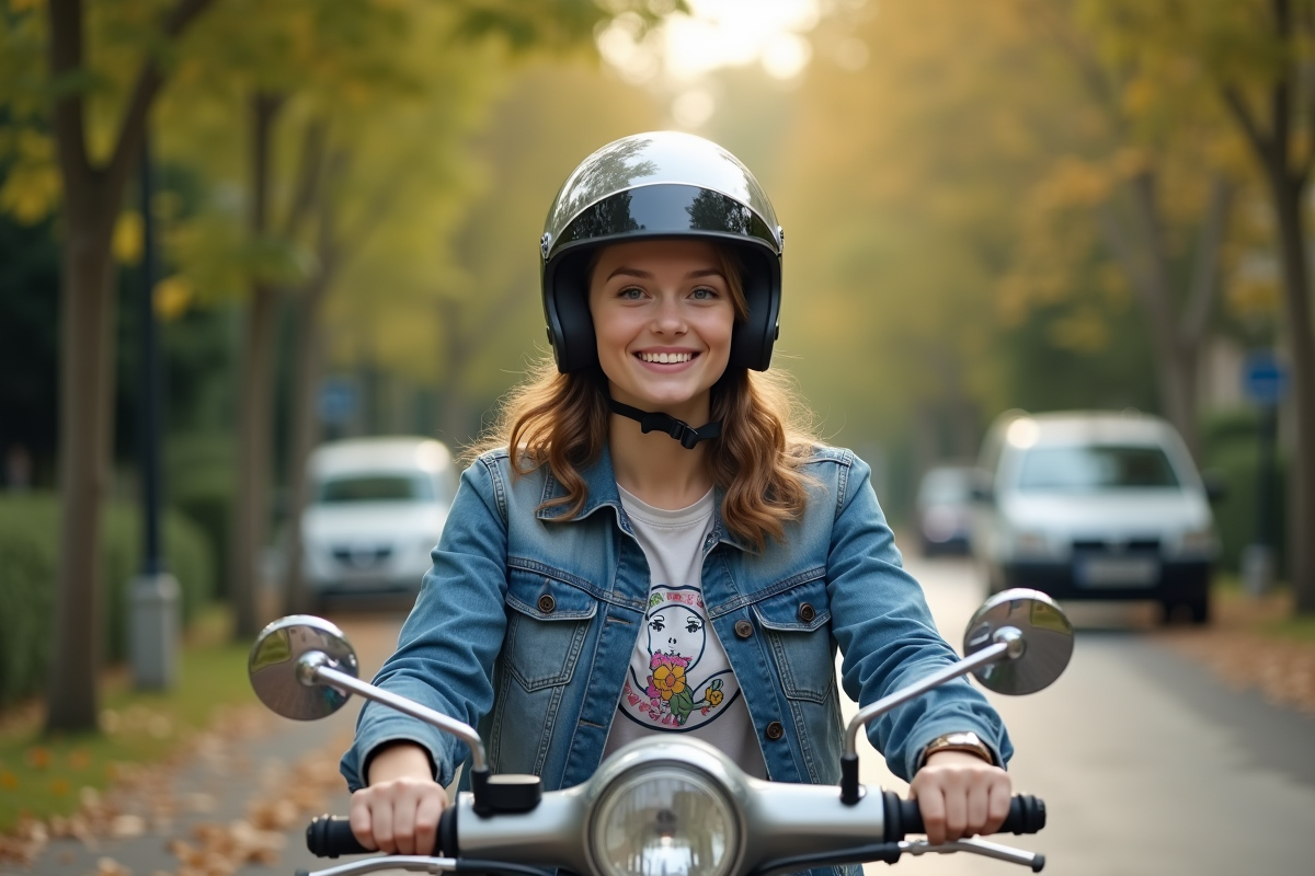 Jeune femme en scooter dans une rue résidentielle verte