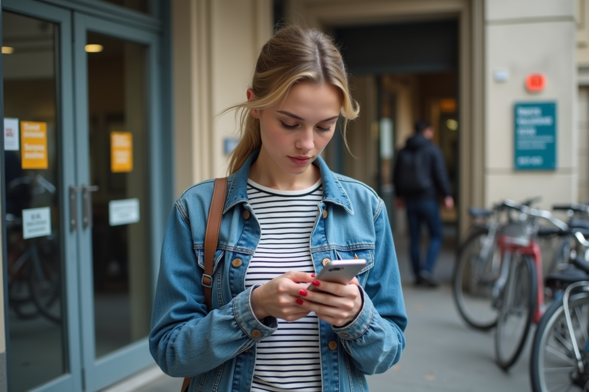 Jeune femme regardant son téléphone devant un bureau administratif français en ville