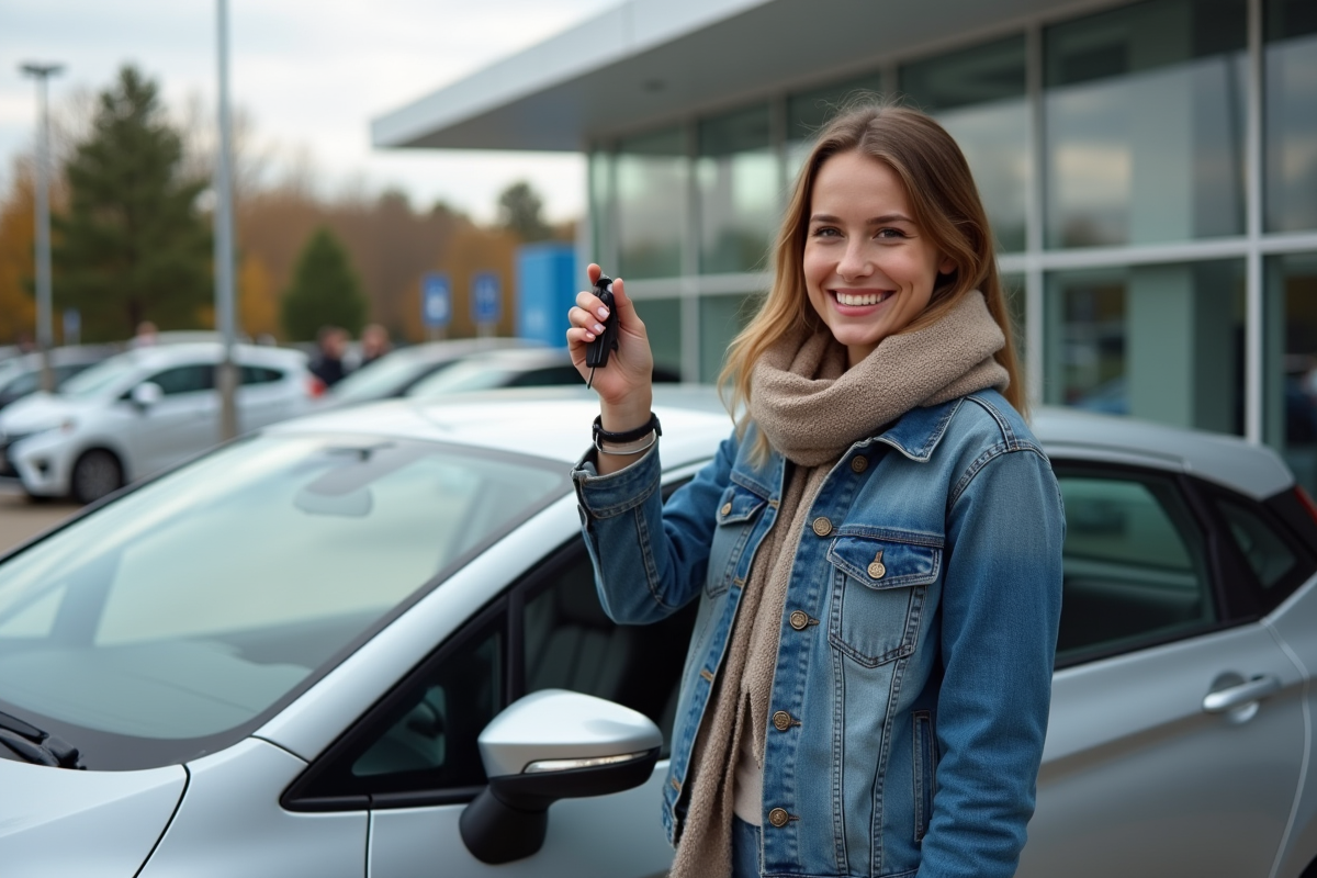 Jeune femme souriante avec clés de voiture devant une voiture neuve