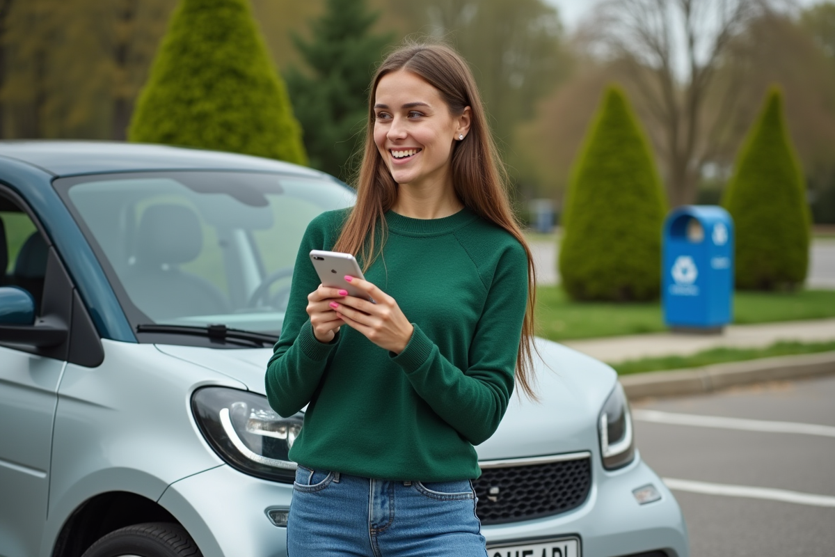 Jeune femme souriante avec voiture électrique verte en parc