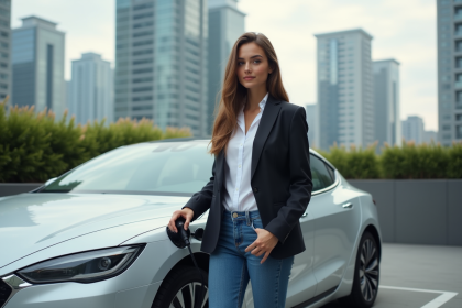 Jeune femme avec voiture électrique en ville moderne