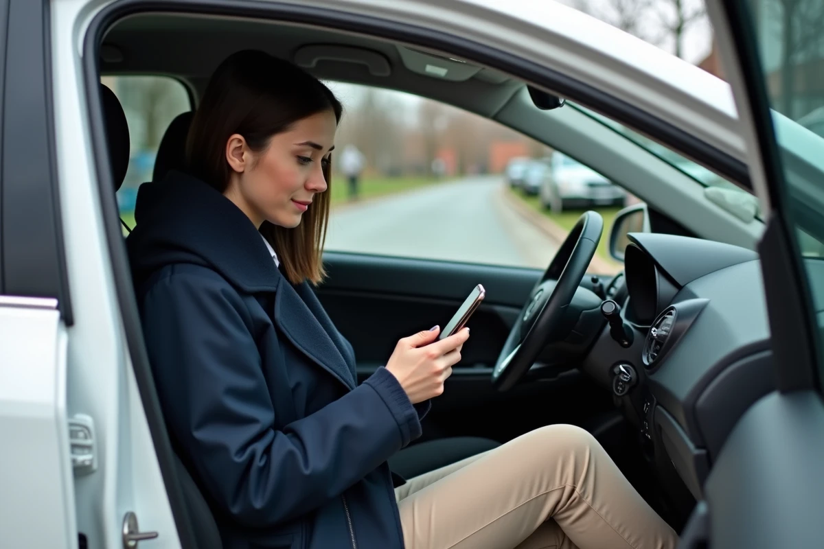Jeune femme assise dans une petite voiture en leasing calculant le coût mensuel de 59 euros sur son smartphone, sans apport initial