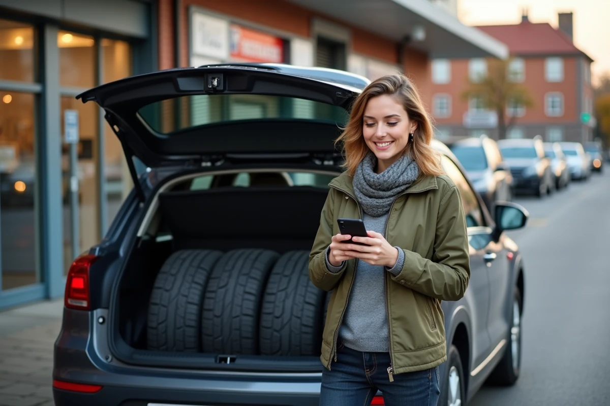 Jeune femme vérifie ses pneus devant sa voiture au tire shop
