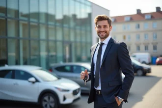 Jeune homme souriant avec clés de voiture devant une hatchback