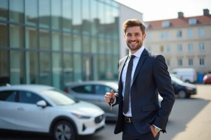 Jeune homme souriant avec clés de voiture devant une hatchback