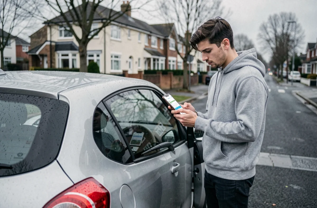 Jeune homme sans permis de conduire consultant une assurance auto sur smartphone à côté d'une voiture