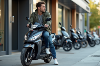 Jeune homme en ville avec moto 125cc assis pensif