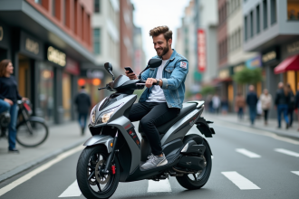 Jeune homme en denim sur moto urbaine en ville