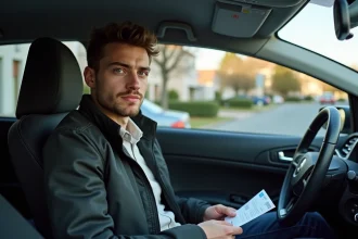 Jeune homme avec permis de conduire en voiture urbaine