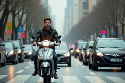 Jeune homme en scooter 125cc dans la ville urbaine