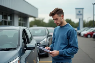 Jeune homme regardant un papier à côté d'une voiture d'occasion