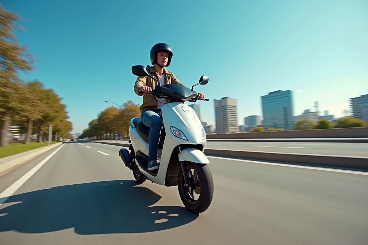 Jeune personne portant un casque roulant en scooter 50cc en ville