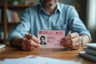 Mains tenant un ancien permis de conduire rose français avec zoom sur la date de délivrance
