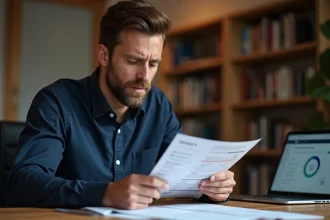Homme lisant attentivement un rapport CarVertical imprimé avec annotations, assis à un bureau en bois dans un bureau à domicile