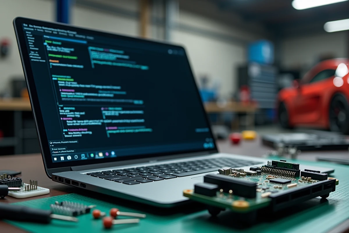 Écran de logiciel de reprogrammation ECU affiché à côté d'un module DME avec carte électronique exposée sur un établi d'atelier