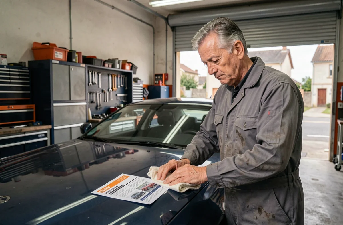 Mécanicien en garage lisant une brochure d'assurance auto près d'Agen