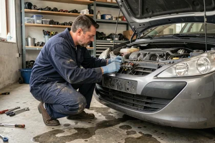 Mécanicien amateur inspectant le circuit carburant d'une Peugeot 308 dans un garage domestique pour diagnostiquer le code défaut P0087