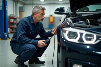 Mécanicien diagnostiquant un voyant moteur clignotant sur une BMW dans un garage automobile professionnel