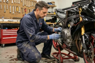 Mécanicien inspectant le moteur d'une Honda CBR 1000F dans un atelier moto professionnel