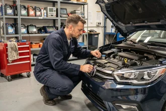 Mécanicien inspectant le moteur 1.0 TSI d'une compacte européenne dans un atelier automobile professionnel