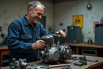 Mécanicien homme inspectant un moteur de moto en atelier