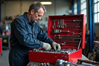 Mécanicien automobile organisant une valise d'outillage complète sur un établi d'atelier professionnel