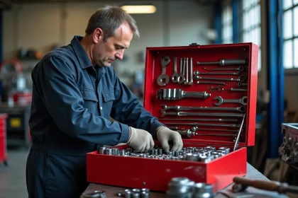 Mécanicien automobile organisant une valise d'outillage complète sur un établi d'atelier professionnel