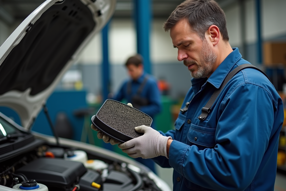 Mécanicien homme inspectant un filtre à air noirci dans un atelier
