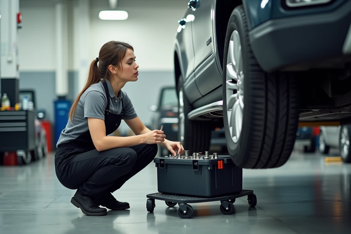Mécanicienne choisissant un outil dans une valise d'outillage polyvalente posée sur un chariot roulant sous une voiture surélevée