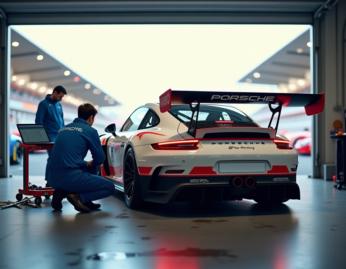 Mécaniciens inspectant une Porsche 911 GT3 Cup dans le paddock d'un championnat européen avec données télémétriques sur ordinateur portable