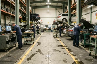 Vue d'ensemble d'un grand garage automobile professionnel en Île-de-France avec des mécaniciens au travail
