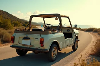 Mini Moke classique garée sur une route côtière méditerranéenne montrant les détails d'usure typiques d'un achat d'occasion