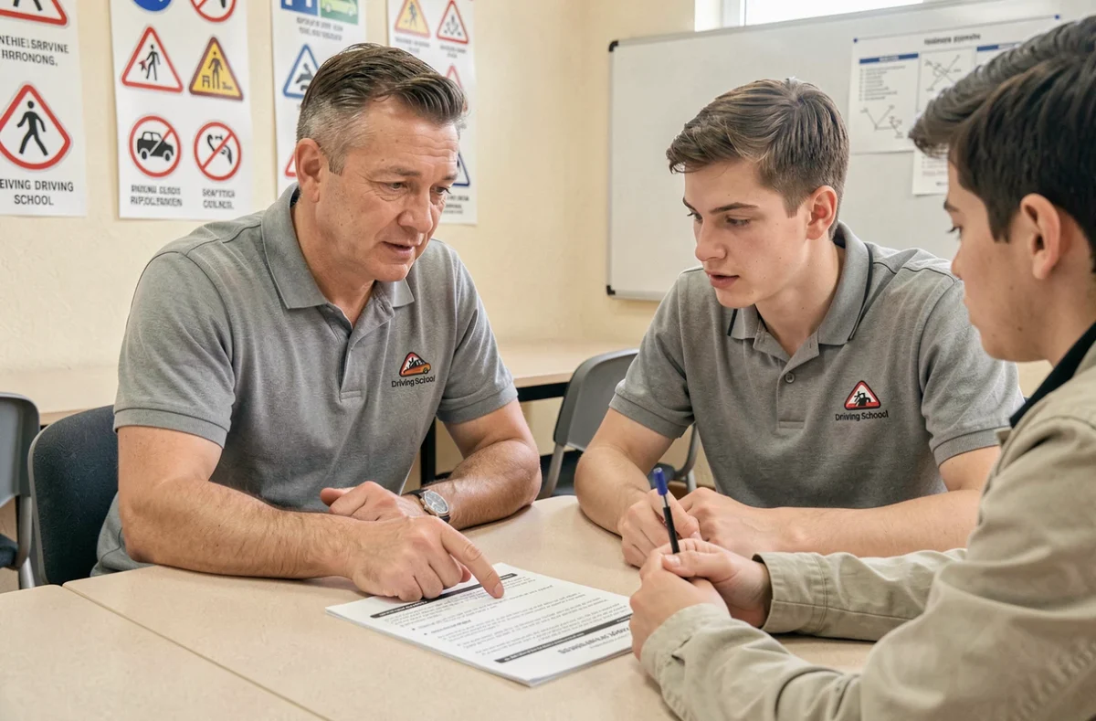 Moniteur d'auto-école expliquant les erreurs fréquentes aux questions du code de la route à un candidat dans une salle de cours