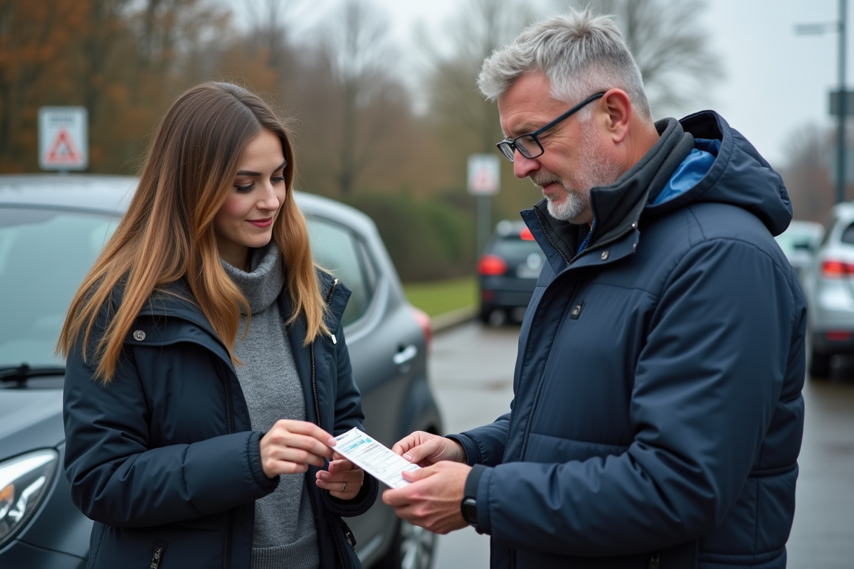 Instructeur vérifiant le permis d'une jeune femme à côté d'une voiture